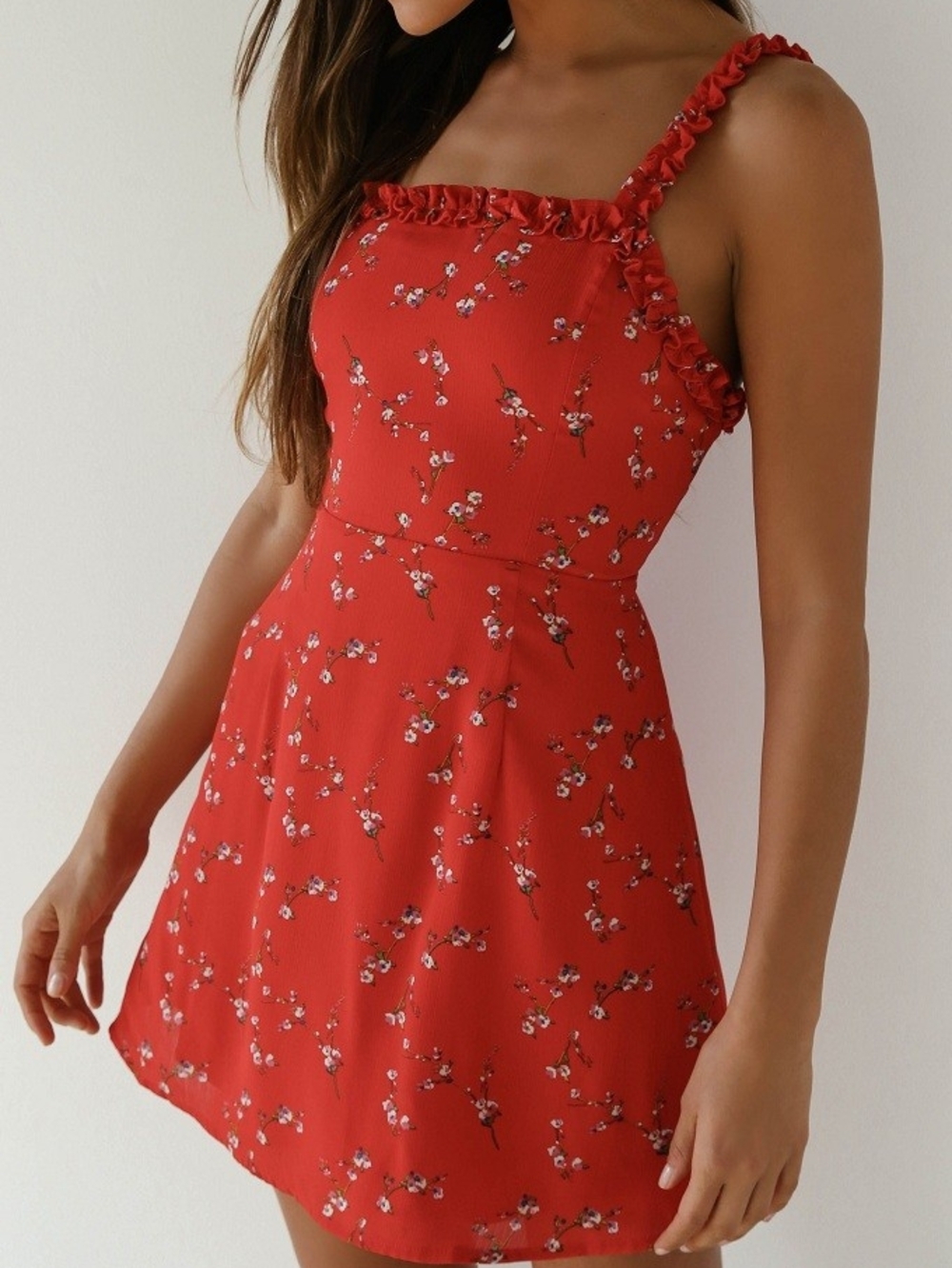 Lulu's Red Floral Ruffle-Strap Mini Dress